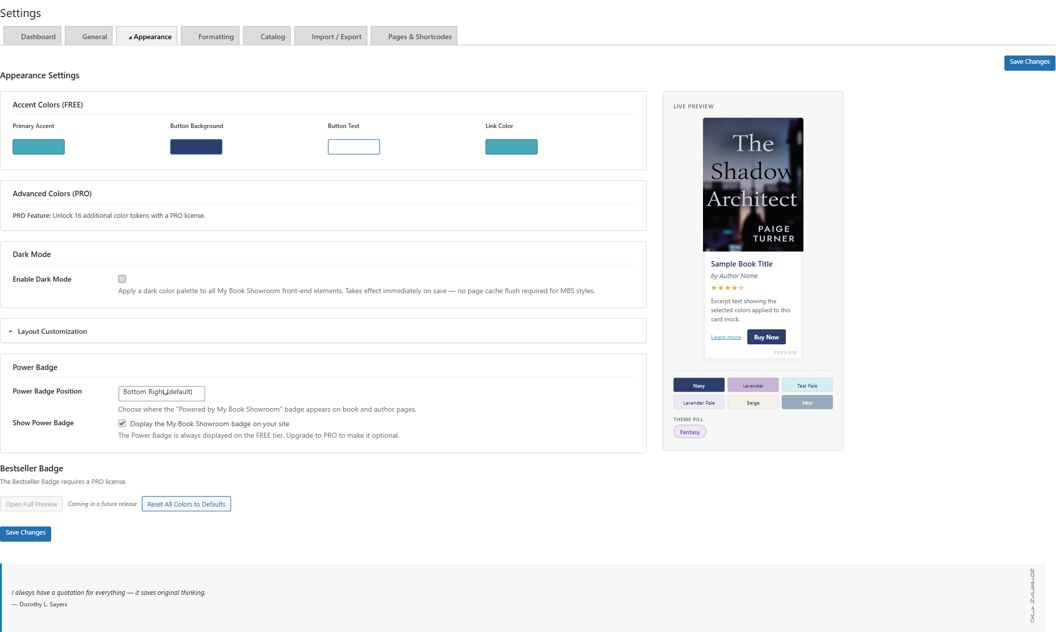 Appearance settings tab with color pickers on the left and live preview mini-grid on the right
