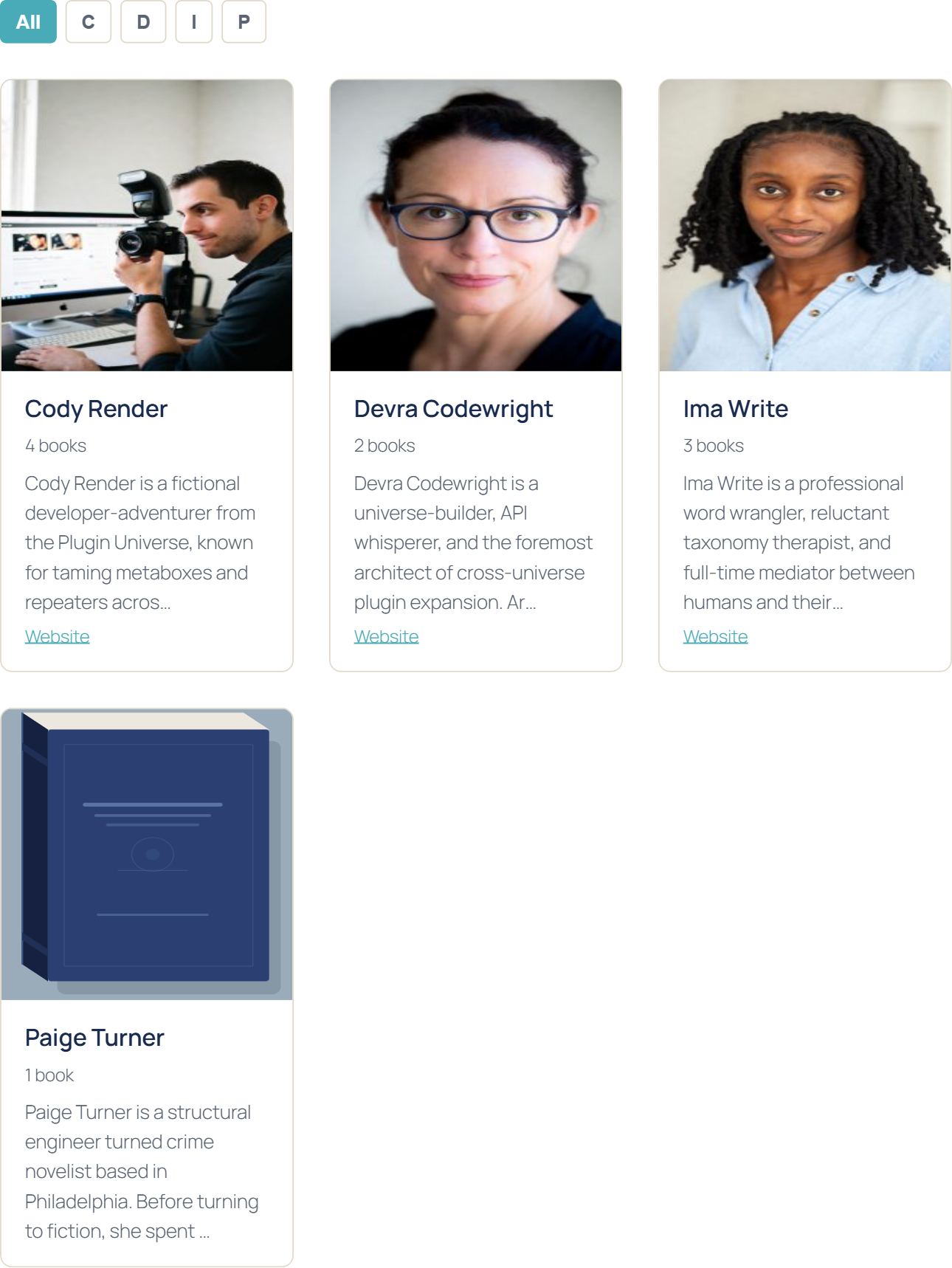 Front-end author directory grid showing four author cards with photos, names, and book counts
