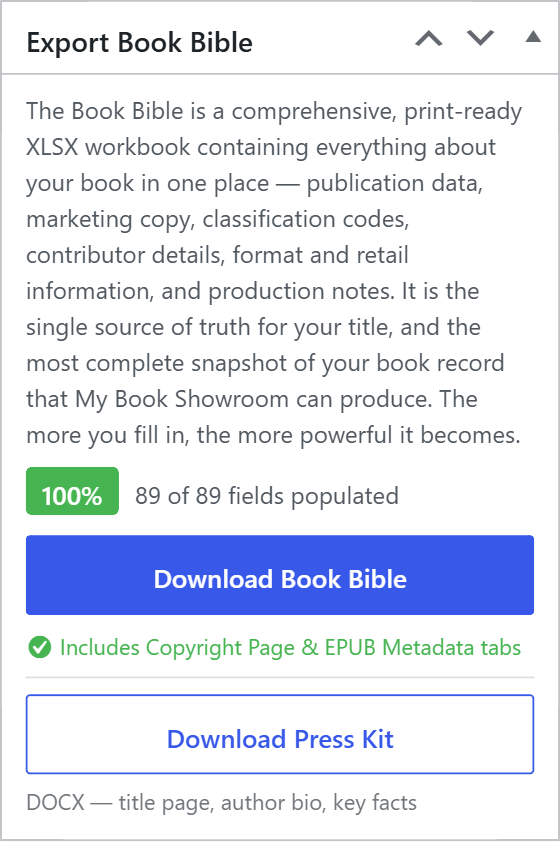 Book editor with the Export Book Bible metabox in the sidebar