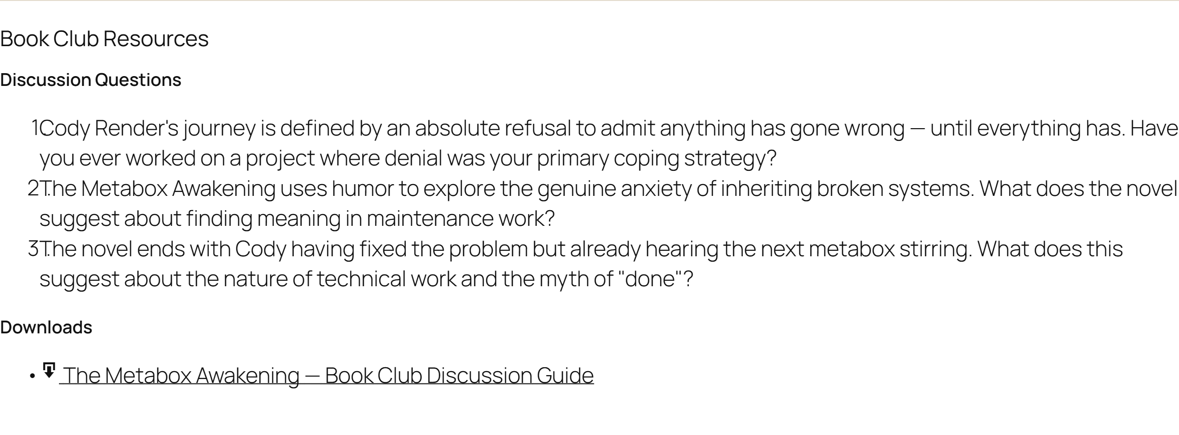 Front-end Book Club Resources block showing the discussion guide, numbered questions, and a downloads list