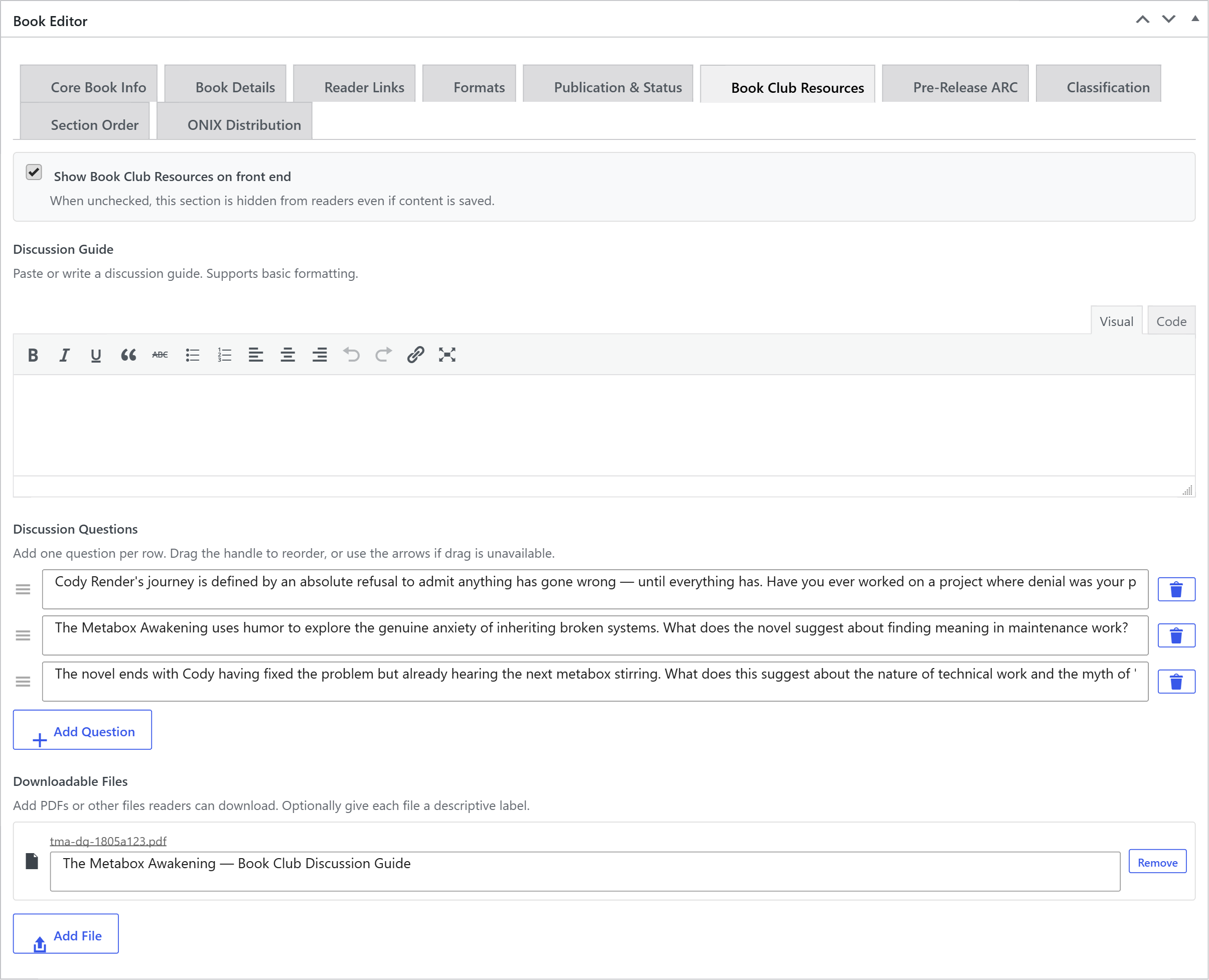 Discussion Questions rows in the editor with drag handles, reorder arrows, and an Add Question button