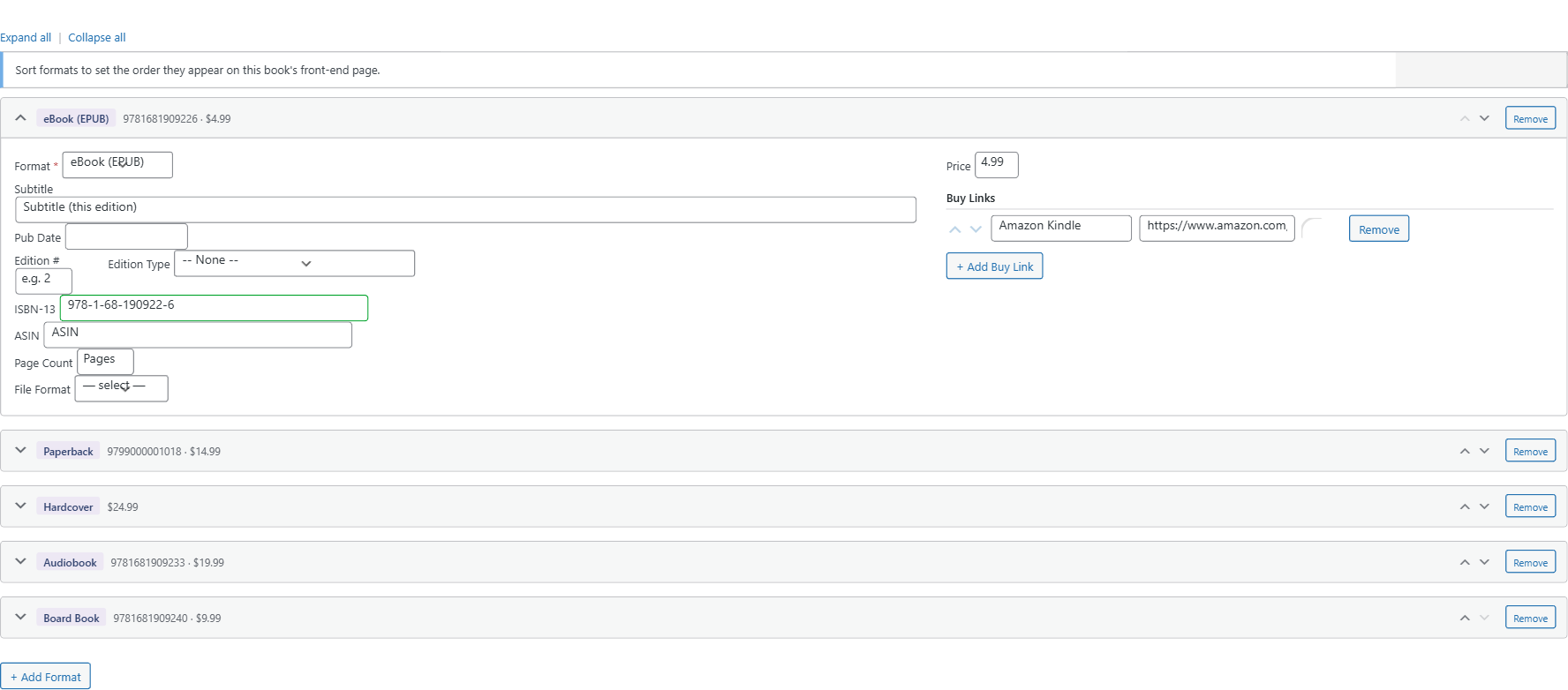 Formats tab with one completed row showing Format, Price, and Buy Link fields filled in