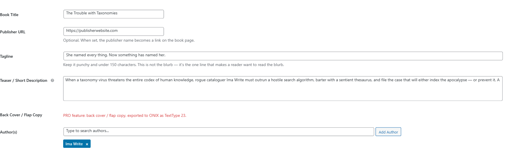 Core Book Info tab showing the Tagline and Teaser / Short Description fields
