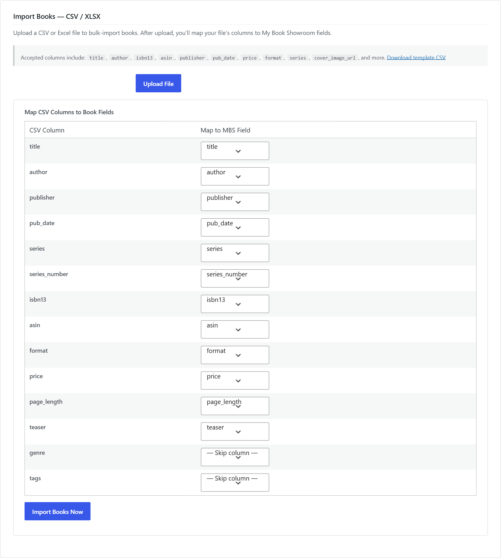 CSV import column-mapping table
