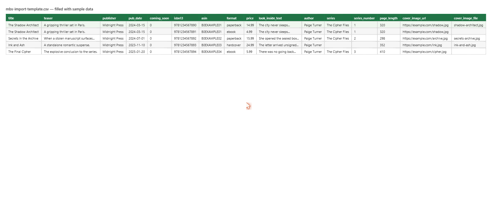 Spreadsheet showing the MBS CSV template filled in with five sample book rows