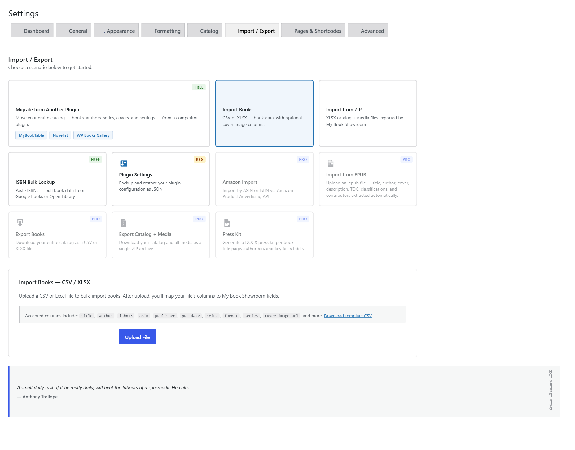Import Export tab with the CSV Upload scenario card selected and Download Template button visible