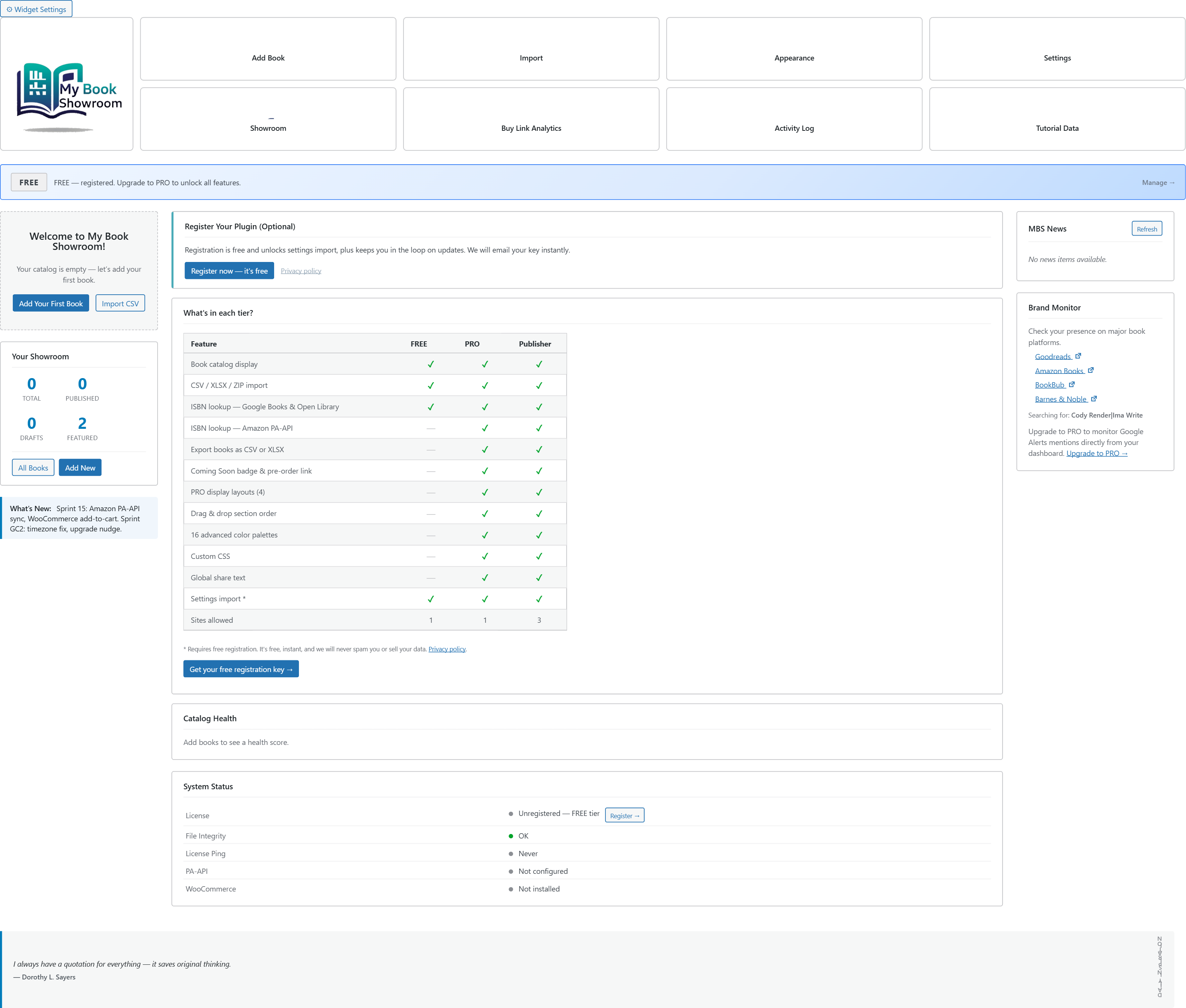 MBS dashboard in empty-catalog state &mdash; action bar, welcome prompt, and empty stats visible