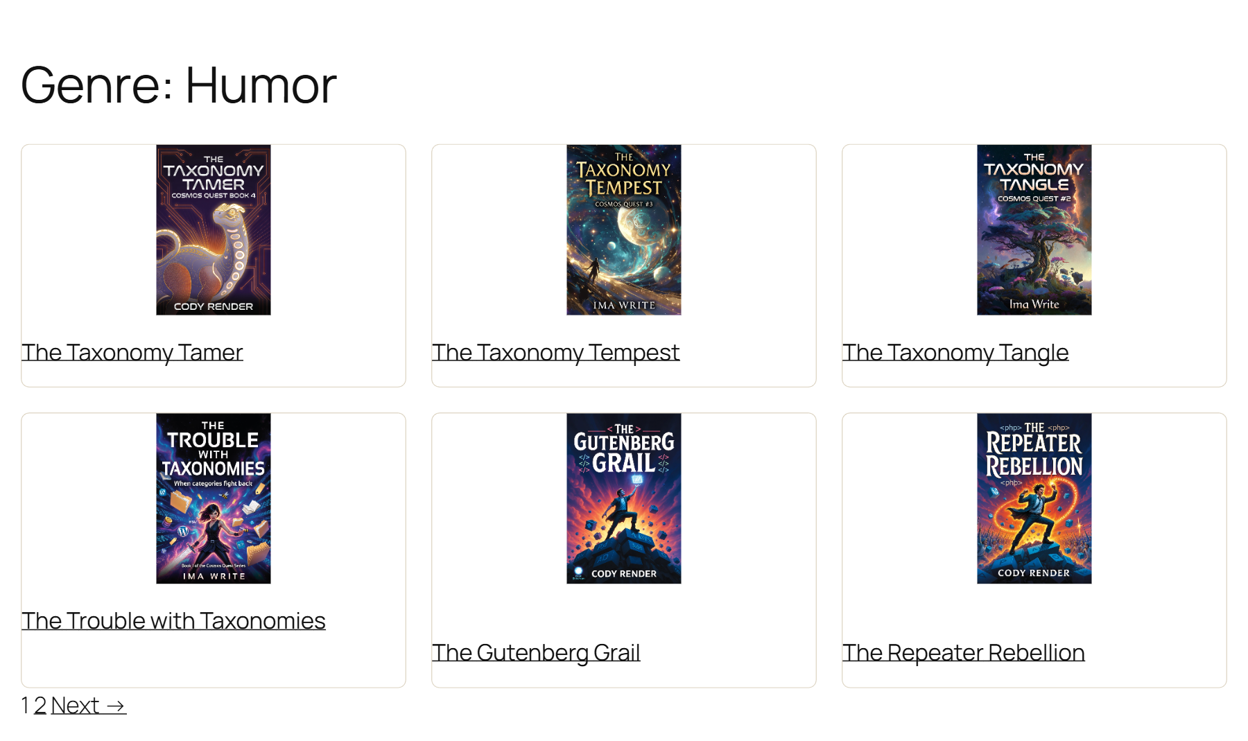 Front-end genre archive page listing all books in one genre