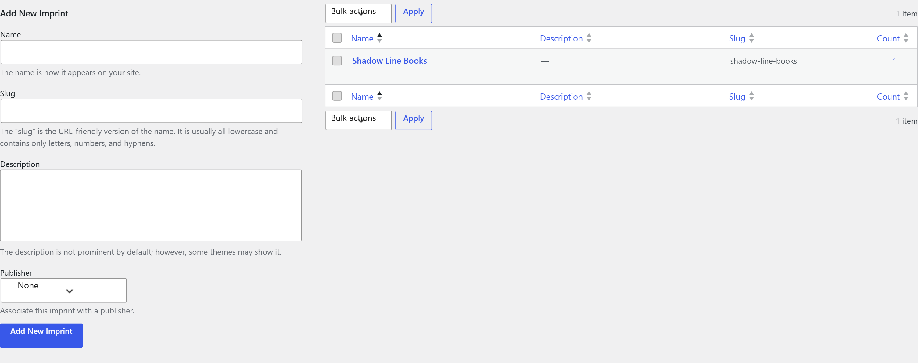Imprints taxonomy screen with the Publisher field visible