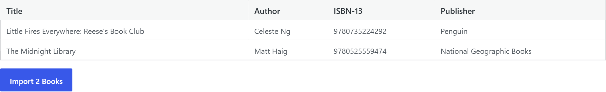 ISBN lookup candidate list showing five rows with cover thumbnails, titles, authors, and checkboxes