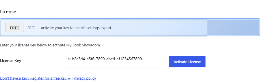Settings License tab with a key pasted and the Activate button