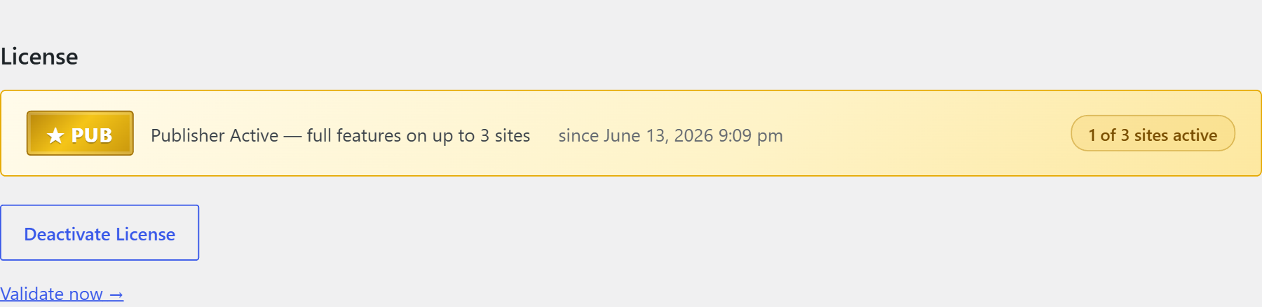 License tab showing the Publisher Active status hero