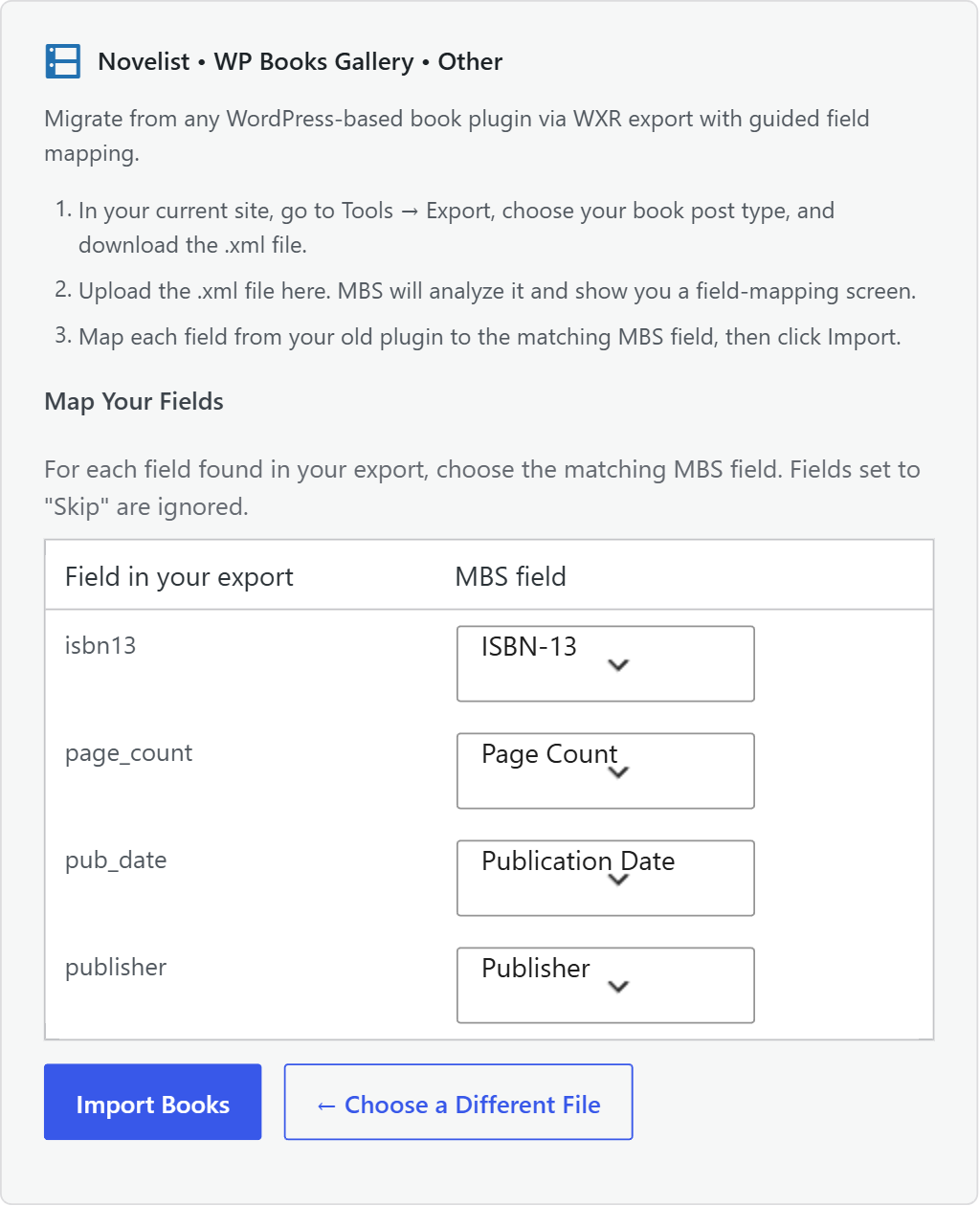 WXR field-mapping table matching source-plugin fields to My Book Showroom fields