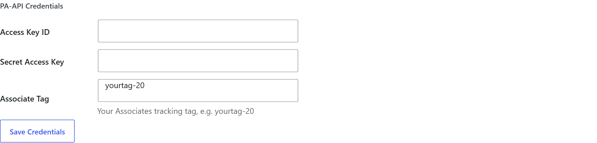 Amazon PA-API Access Key and Secret Key fields
