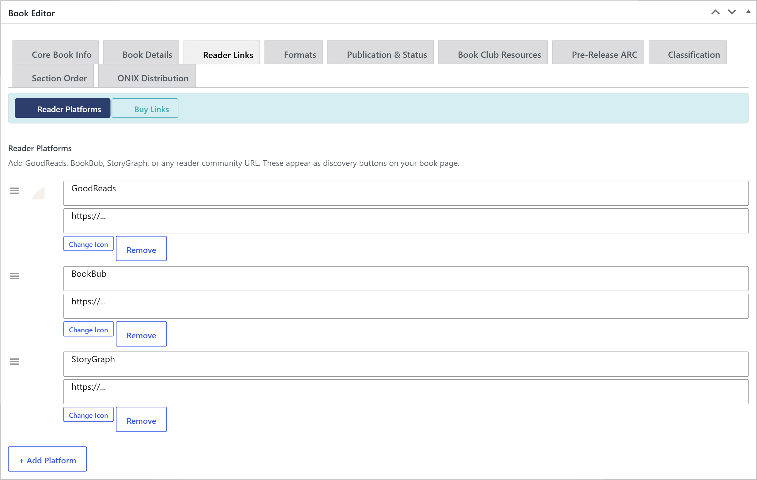 Book editor Reader Links tab with the Reader Platforms sub-tab selected