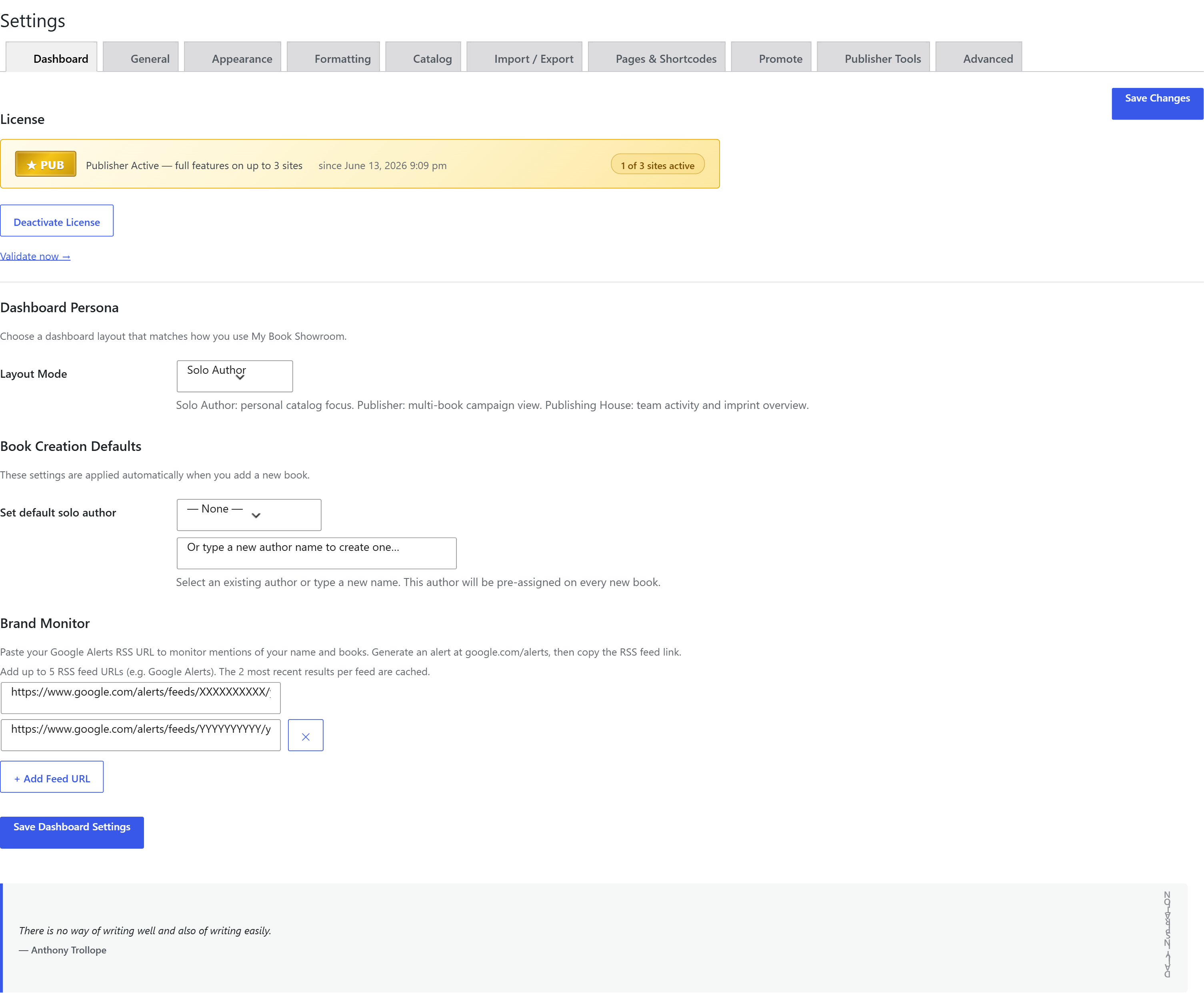 Settings Dashboard tab showing the Brand Monitor section with two URL fields filled in