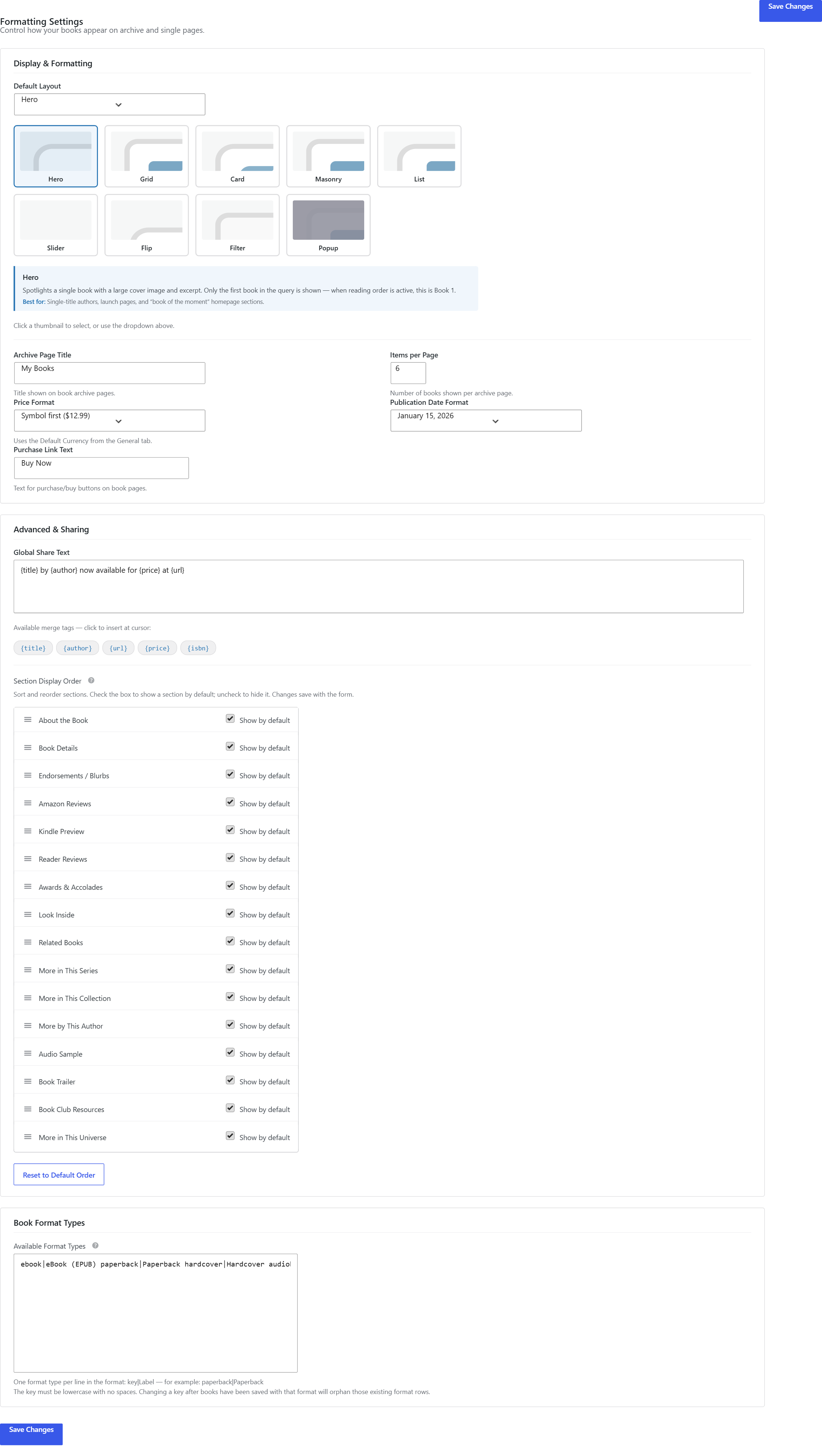 Formatting tab Default Layout thumbnail picker