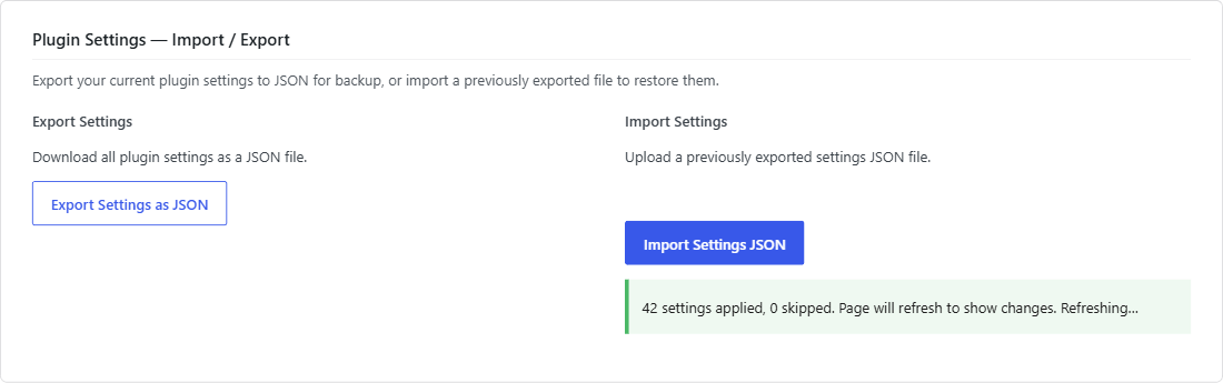 Settings page showing the import success admin notice with a count of imported settings