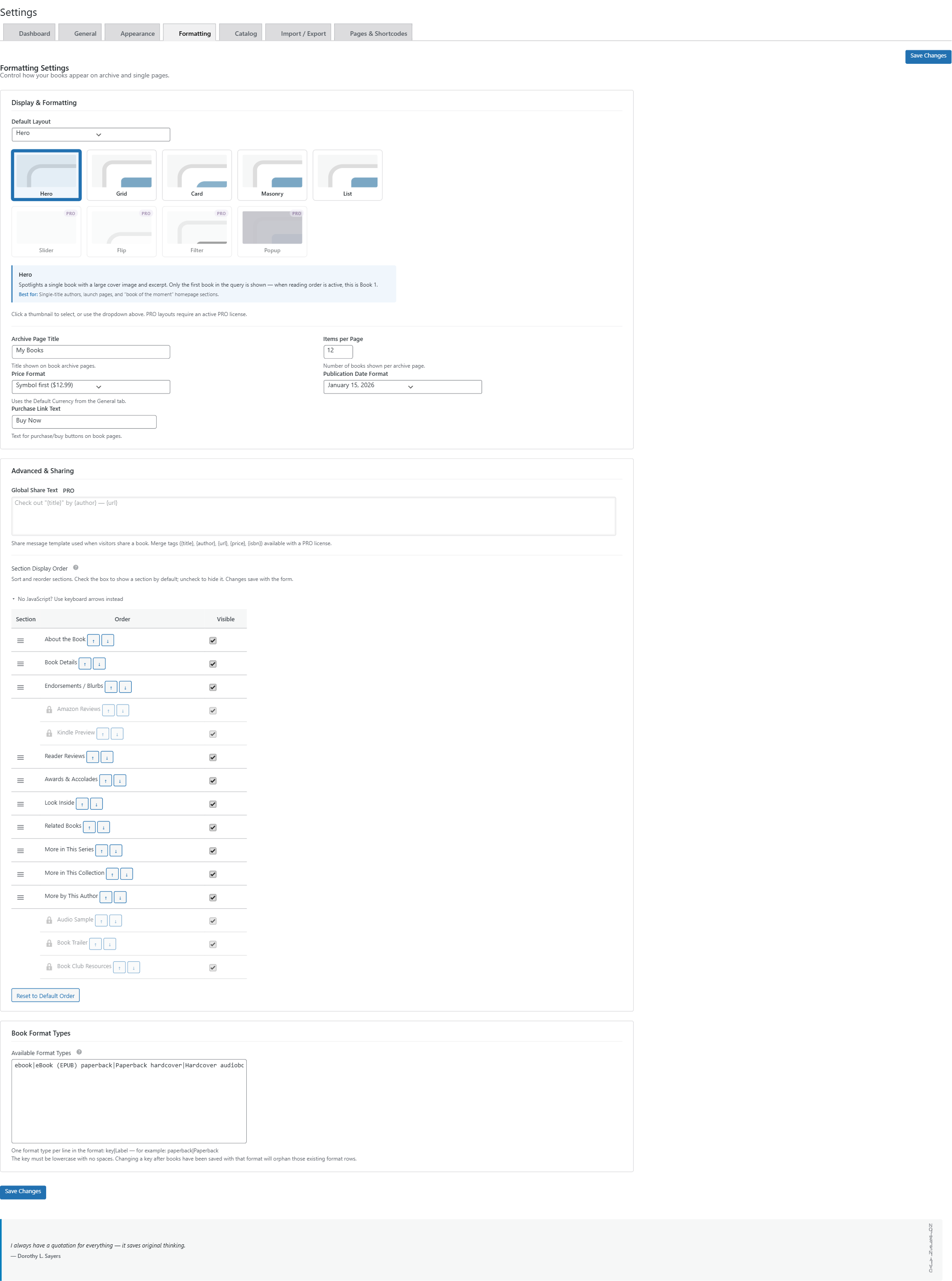 Settings Formatting tab showing the Purchase Link Text field with a custom label entered